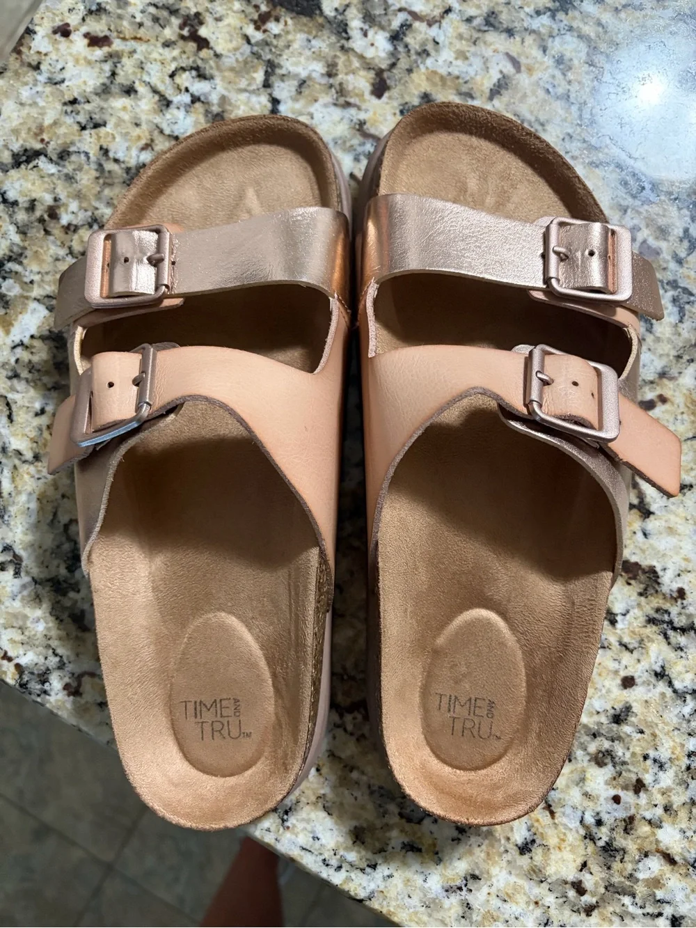 Time and Tru Rose Gold and Tan Dual Buckle Slide Sandals